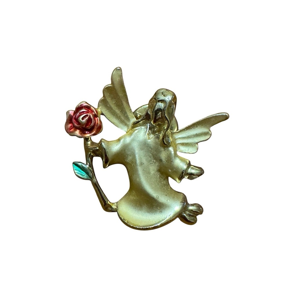 Vintage GIUSTI Angel Brooch Gold Tone Figural Pin Rose Enamel Mid Century Gma‎